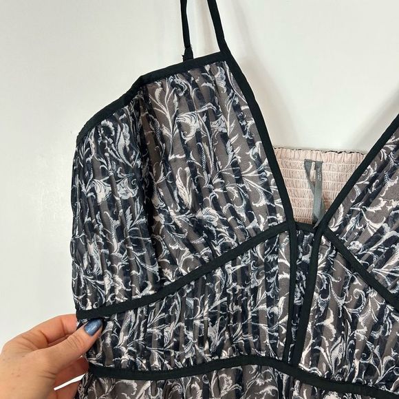 👗Anthropologie Floral Ruched Bodice Maxi Dress XL NWT Black White V-Neck Halter - Picture 9 of 15